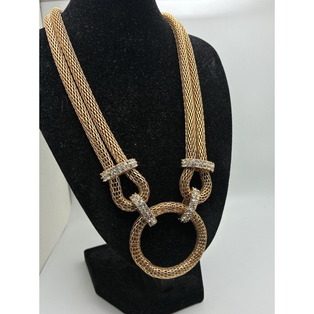 Gold Tone Mesh Chain Statement Necklace Rhinestones Adjustable 18”